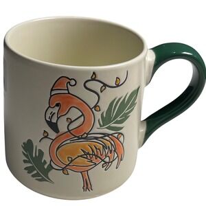 Flamingo Christmas Coffee Mug Ceramic Cream Green Santa Hat Holiday Eli‎ + Ana